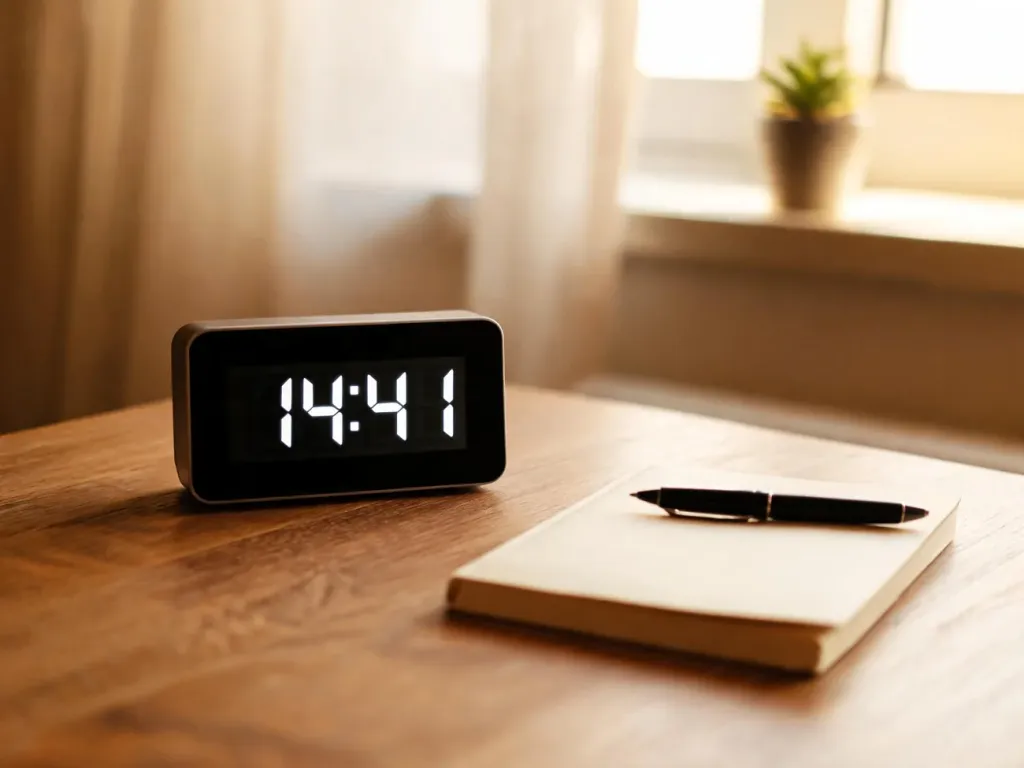 Zegar cyfrowy wskazujący godzinę 14:41 na minimalistycznym biurku, podkreślający symboliczne znaczenie liczby 1441.