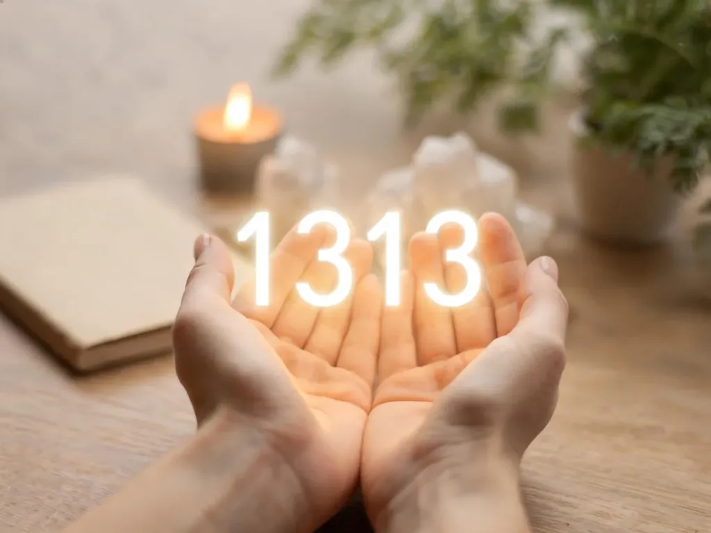 Dłonie trzymające świecącą liczbę 1313 na biurku z kryształami i świecą, symbol duchowego znaczenia i przewodnictwa.