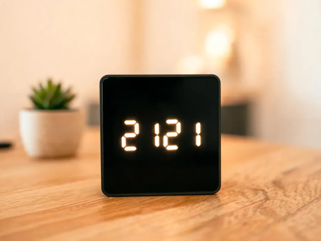 Minimalistyczny zegar cyfrowy pokazujący 21:21 na tle przytulnego, ciepło oświetlonego wnętrza, symbolika liczby 2121
