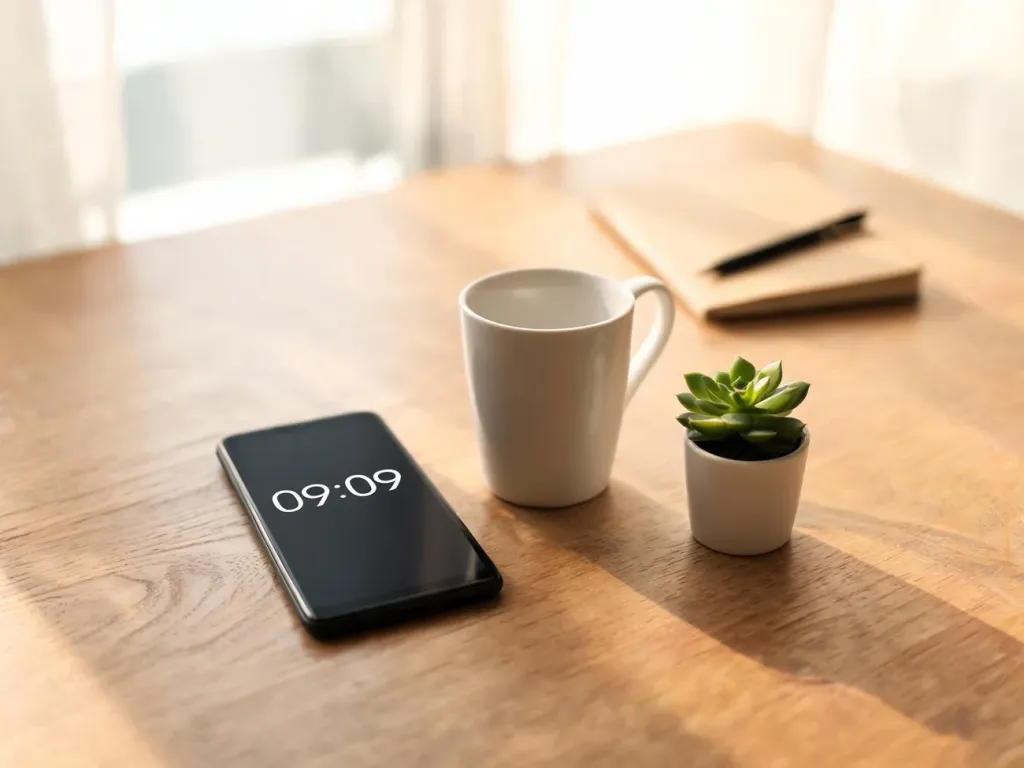 Smartfon z godziną 09:09 obok kubka i rośliny na stole, w ciepłym, spokojnym porannym świetle