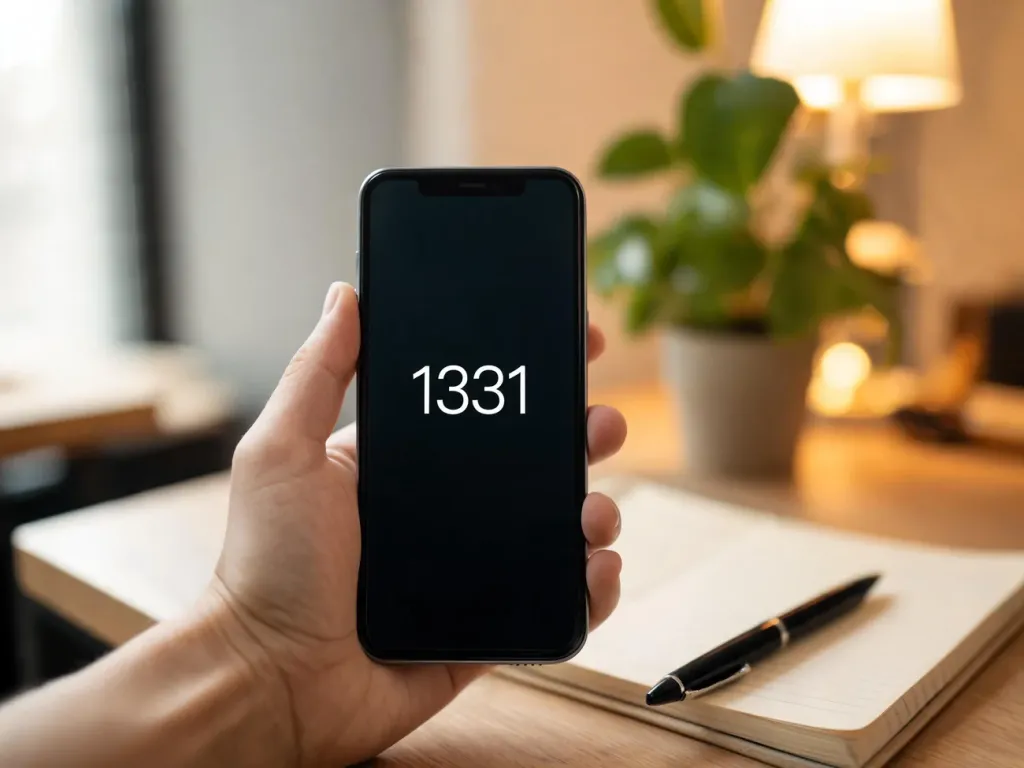 Telefon w dłoni z wyświetloną liczbą 1331 na tle przytulnego wnętrza, symbolicznie podkreślający jej znaczenie.