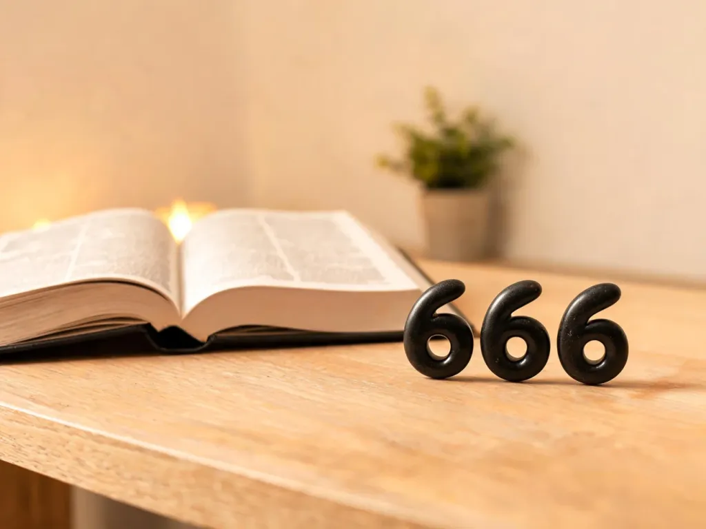 Otwarta Biblia na stole i trzy czarne kamienie ułożone w „666”, symboliczne zestawienie wiary i ezoteryki