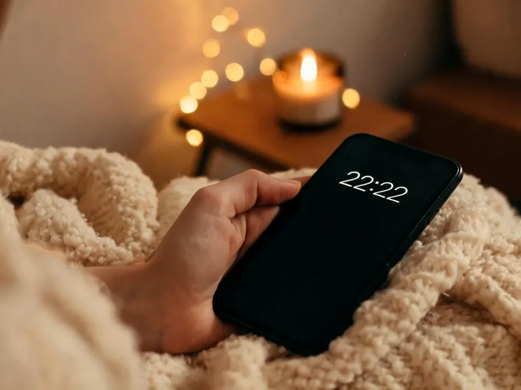 Smartfon z godziną 22:22 w dłoni na kocu, w tle ciepłe światełka i świeca podkreślające duchowy klimat wieczoru
