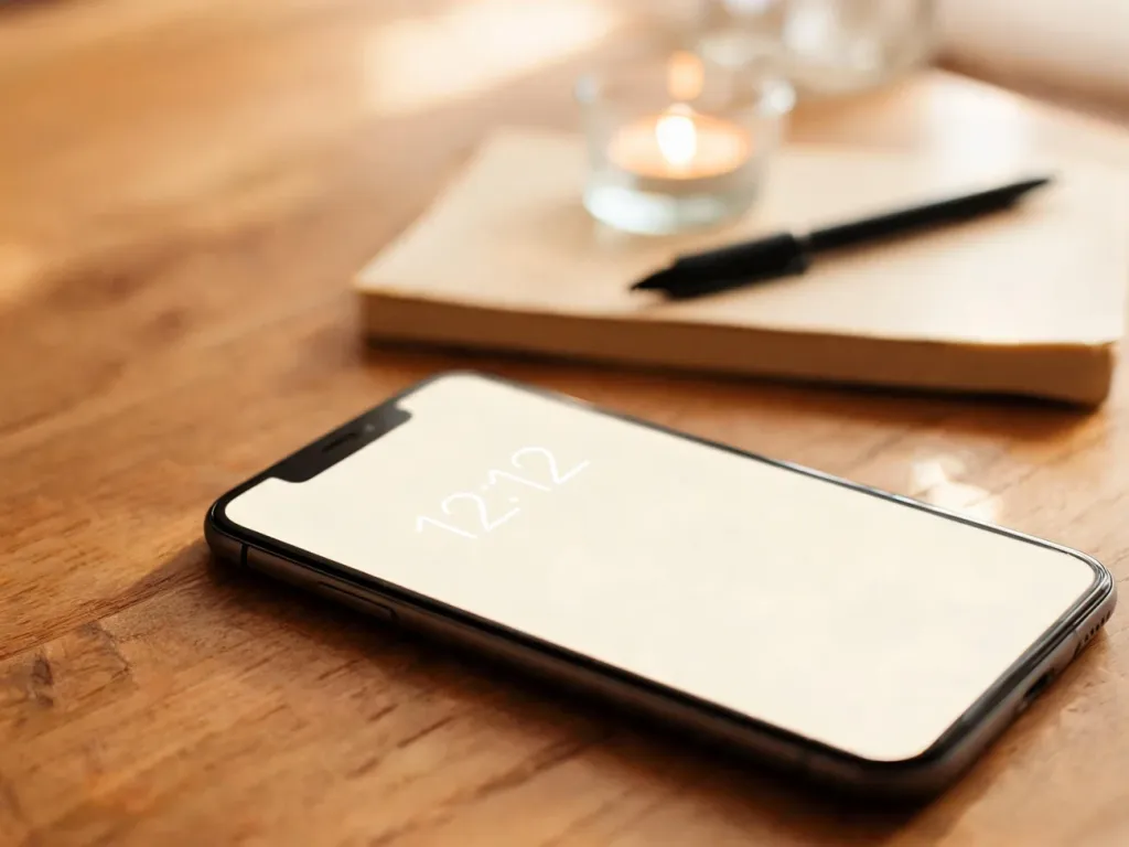 Smartfon z godziną 12:12 na ekranie, obok notes i kryształ, tworzące spokojną, duchową atmosferę w domu.
