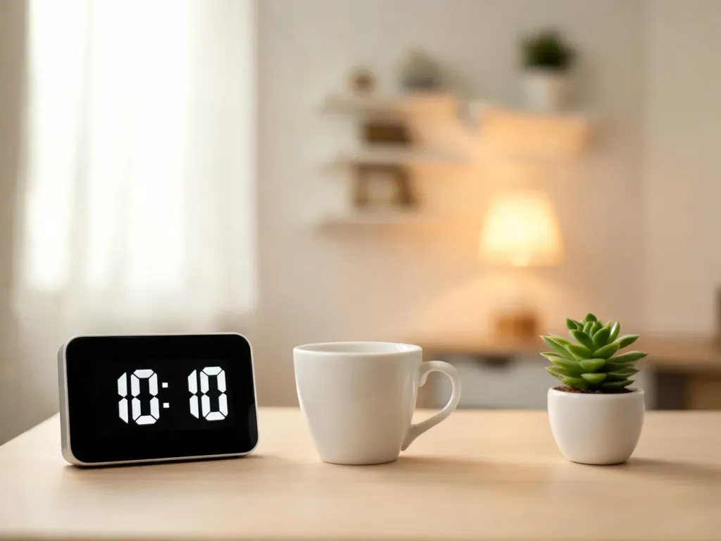 Zegar cyfrowy wskazujący 10:10 na minimalistycznym biurku, obok filiżanki kawy i rośliny, w spokojnej atmosferze refleksji
