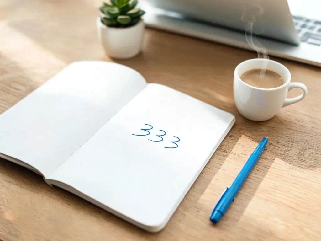 Numer 333 zapisany w notesie na biurku z kawą i laptopem, w przytulnej, minimalistycznej przestrzeni do nauki języka.