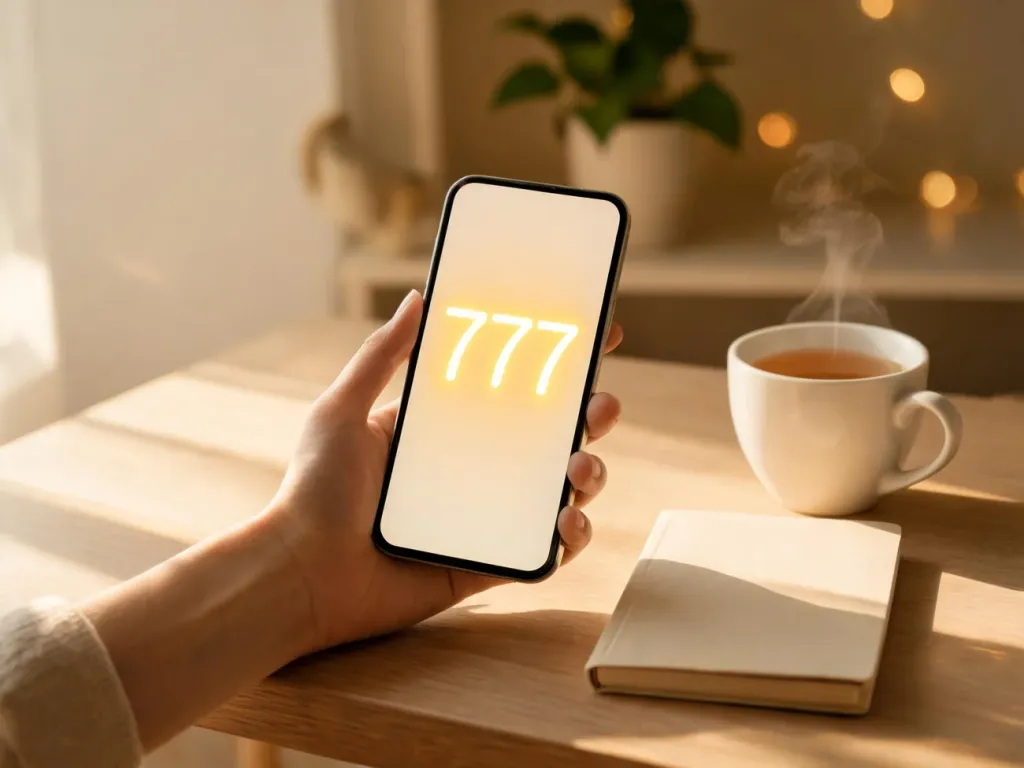 Smartfon z jasno świecącą liczbą 777 na ekranie na jasnym biurku, w otoczeniu notesu, herbaty i przytulnego, spokojnego wnętrza.